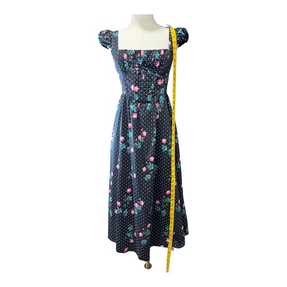 For Love & Lemons Black Polka Dot Floral Rose Midi Dress NWOT Size S